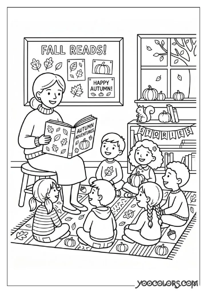34 Fall Coloring Pages for Kids: Fun, Free & Creative Autumn Printables 21 Teacher reading story to children 202609071114 pdf