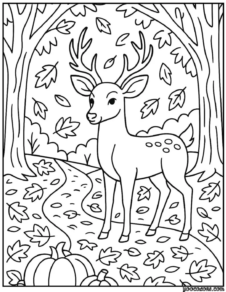 Autumn Coloring Pages for Adults: Relax, Unwind & Celebrate Fall 14 autumn coloring page sfor adults Deer in Autumn Woods pdf