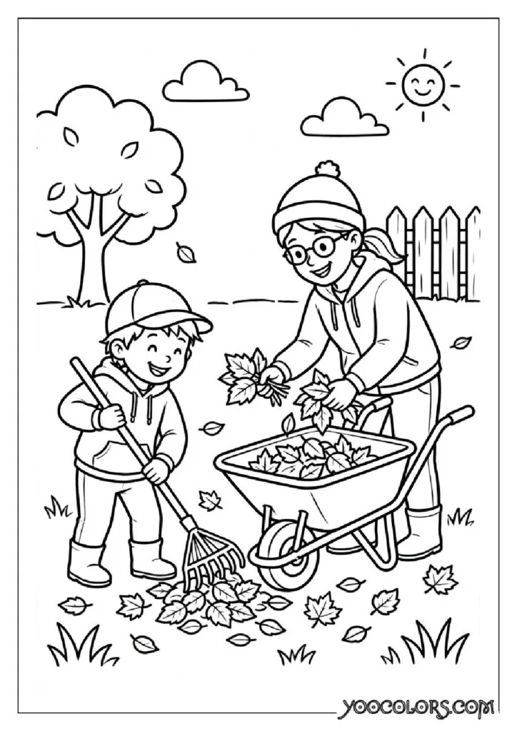 34 Fall Coloring Pages for Kids: Fun, Free & Creative Autumn Printables 3 child parent raking leaves pdf