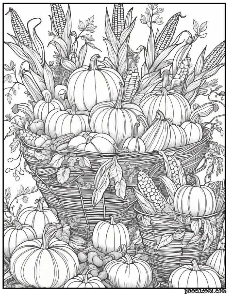 Fall Coloring Pages for Adults 19 Creative Designs to Inspire Relaxation 10 fall coloring page sfor adults Cornucopias brimming with harvest vegetables pdf