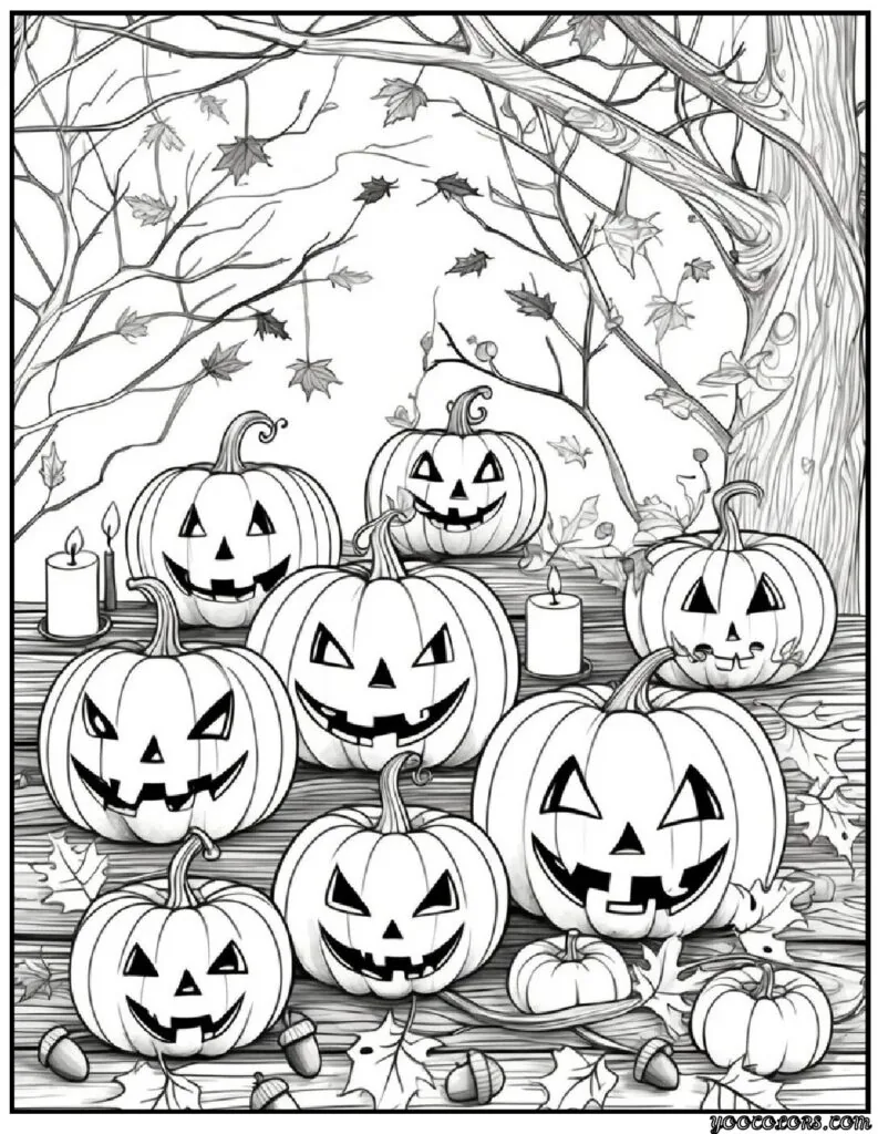 Fall Coloring Pages for Adults 19 Creative Designs to Inspire Relaxation 11 fall coloring pages for adults Halloween themed scenes with carved pumpkins pdf