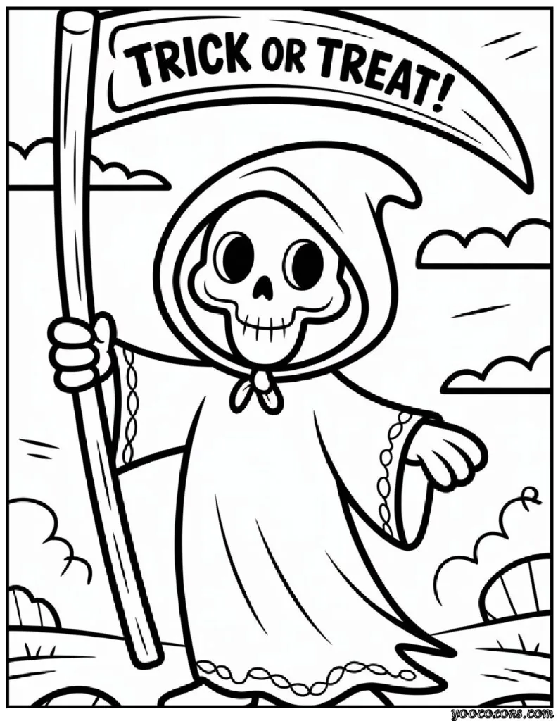 Grim Reaper Coloring Pages: Free, Scary, and Creative Printables 10 grim reaper coloring pasges Cartoon Grim Reaper with oversized scythe pdf