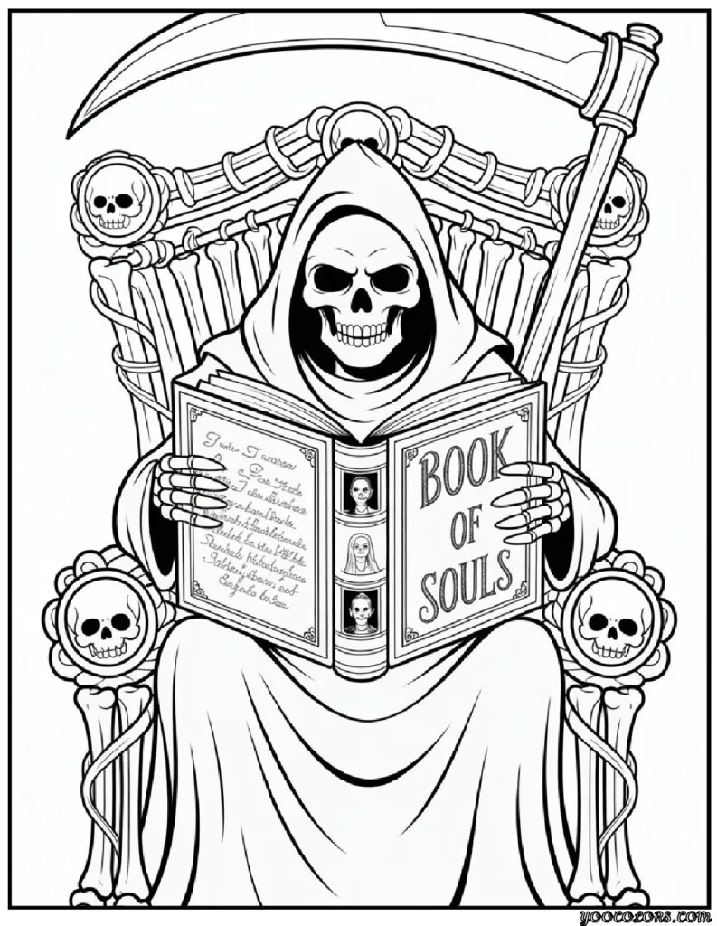 Grim Reaper Coloring Pages: Free, Scary, and Creative Printables 9 grim reaper coloring pasges Grim Reaper sitting on a throne of bones pdf