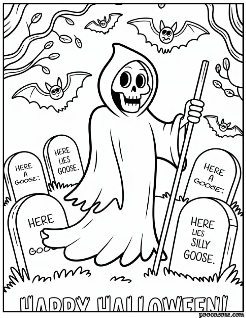 Grim Reaper Coloring Pages: Free, Scary, and Creative Printables 6 grim reaper coloring pasges Grim Reaper standing in a spooky graveyard pdf