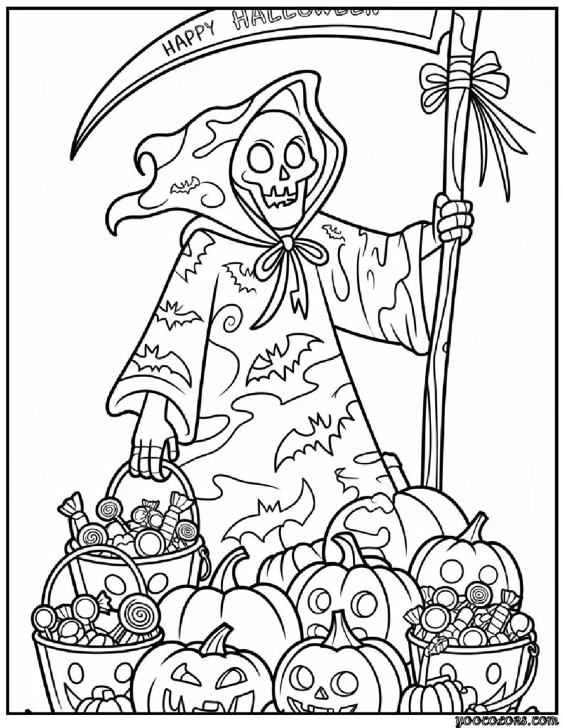 Grim Reaper Coloring Pages: Free, Scary, and Creative Printables 11 grim reaper coloring pasges Halloween Grim Reaper with pumpkins pdf