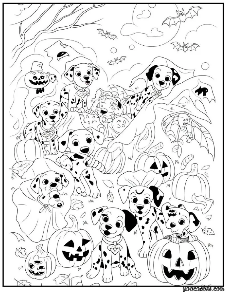 Halloween Coloring Pages Disney Featuring 20 Fun and Spooky Characters 11 halloween coloring pages disney Dalmatians Halloween Puppies pdf