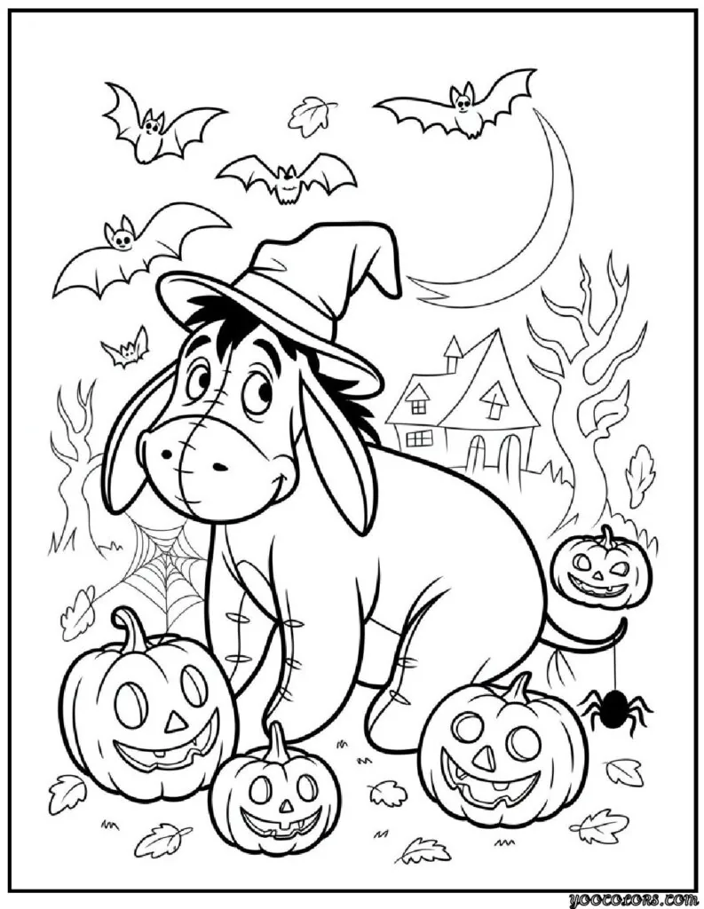 Halloween Coloring Pages Disney Featuring 20 Fun and Spooky Characters 10 halloween coloring pages disney Eeyore with Spooky Accessories pdf