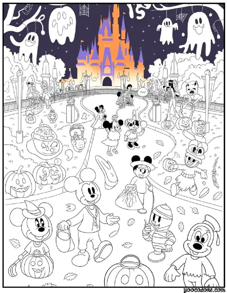 Halloween Coloring Pages Disney Featuring 20 Fun and Spooky Characters 19 halloween coloring pages disney Halloween Night at Disney Park Scene pdf