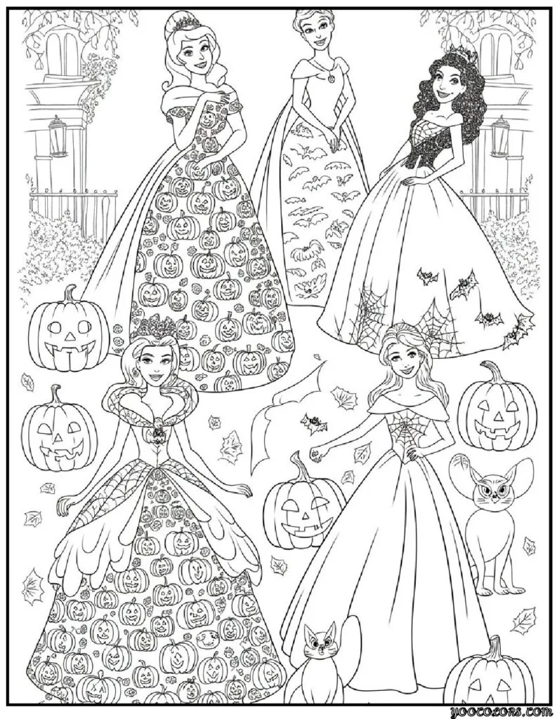 Halloween Coloring Pages Disney Featuring 20 Fun and Spooky Characters 13 halloween coloring pages disney Princesses in Halloween Dresses pdf