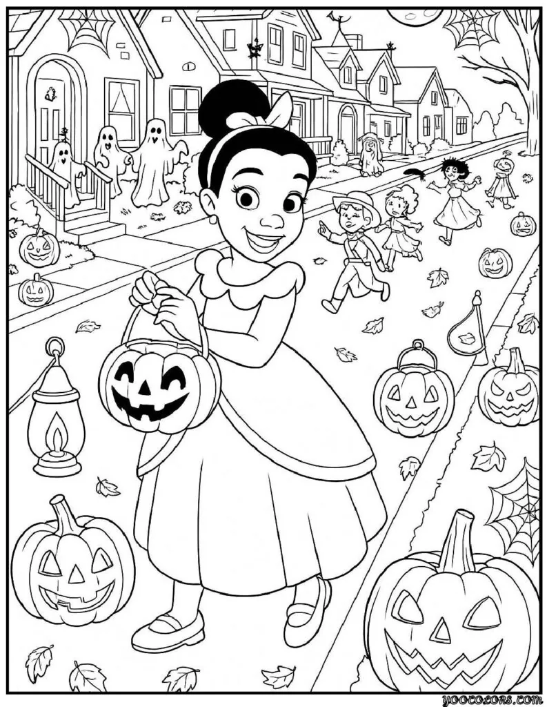 Halloween Coloring Pages Disney Featuring 20 Fun and Spooky Characters 8 halloween coloring pages disney Tiana Trick or Treating pdf