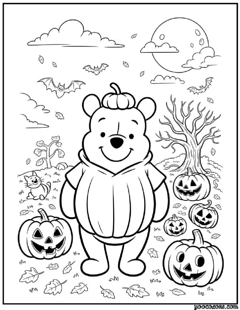 Halloween Coloring Pages Disney Featuring 20 Fun and Spooky Characters 9 halloween coloring pages disney Winnie the Pooh in Halloween Gear pdf