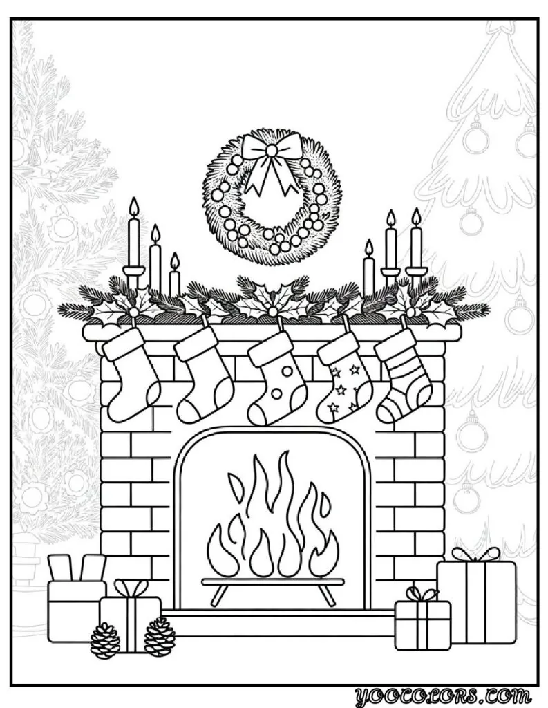 Merry Christmas Coloring Pages for Kids and Adults: 18 Fun Designs to Download 14 merry christmas cloring pages Festive Fireplace with Stockings pdf