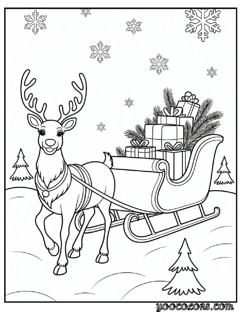 Merry Christmas Coloring Pages for Kids and Adults: 18 Fun Designs to Download 3 merry christmas cloring pages Reindeer and Sleigh Scene pdf