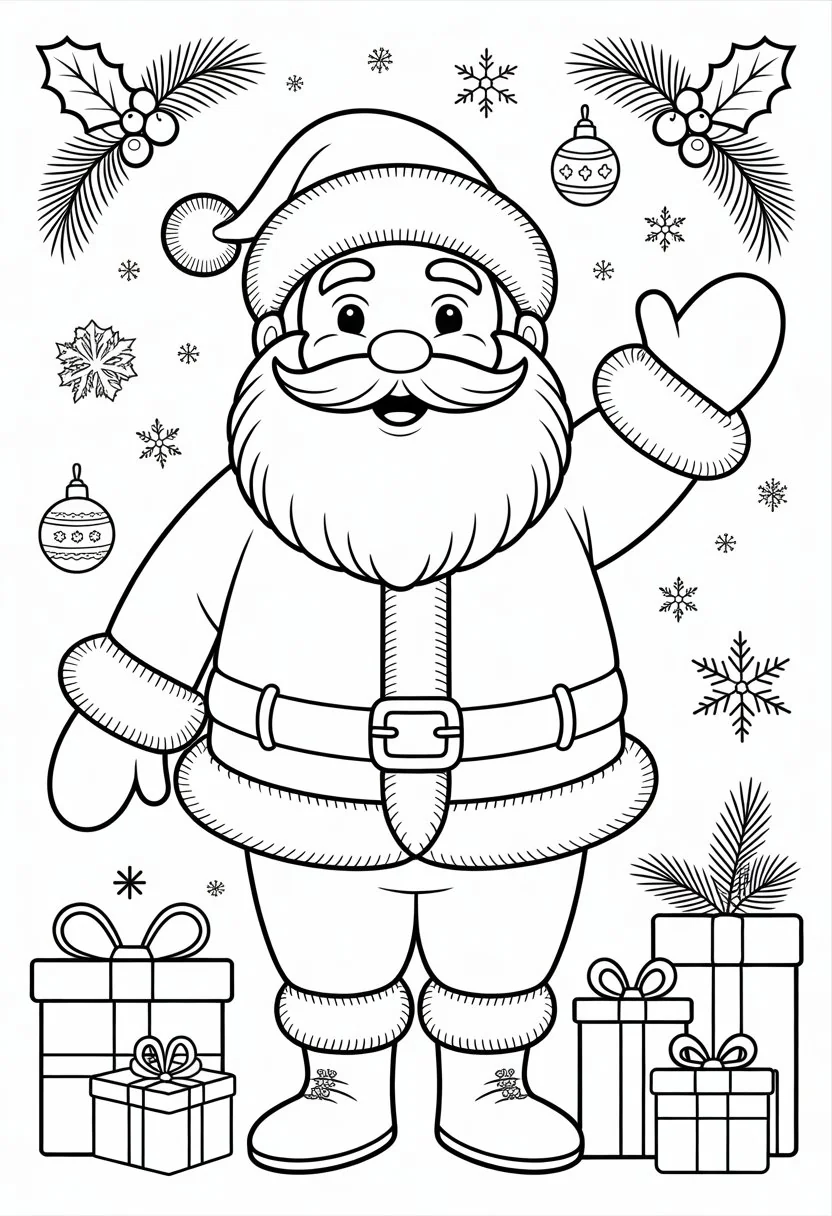 Merry Christmas Coloring Pages for Kids and Adults: 18 Fun Designs to Download 23 Santa Claus smiling and holding gifts surrounded by Christmas decorations and snowflakes.
