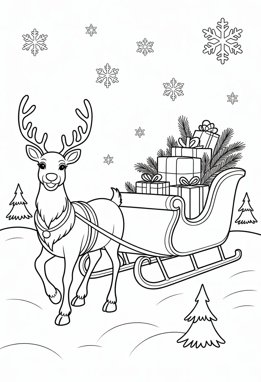 Merry Christmas Coloring Pages for Kids and Adults: 18 Fun Designs to Download 24 A reindeer pulling a sleigh filled with gifts in a snowy outdoor setting with pine trees and falling snowflakes.