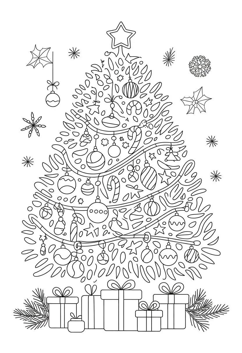 Merry Christmas Coloring Pages for Kids and Adults: 18 Fun Designs to Download 25 A Christmas tree decorated with ornaments, surrounded by snowflakes and gift boxes.
