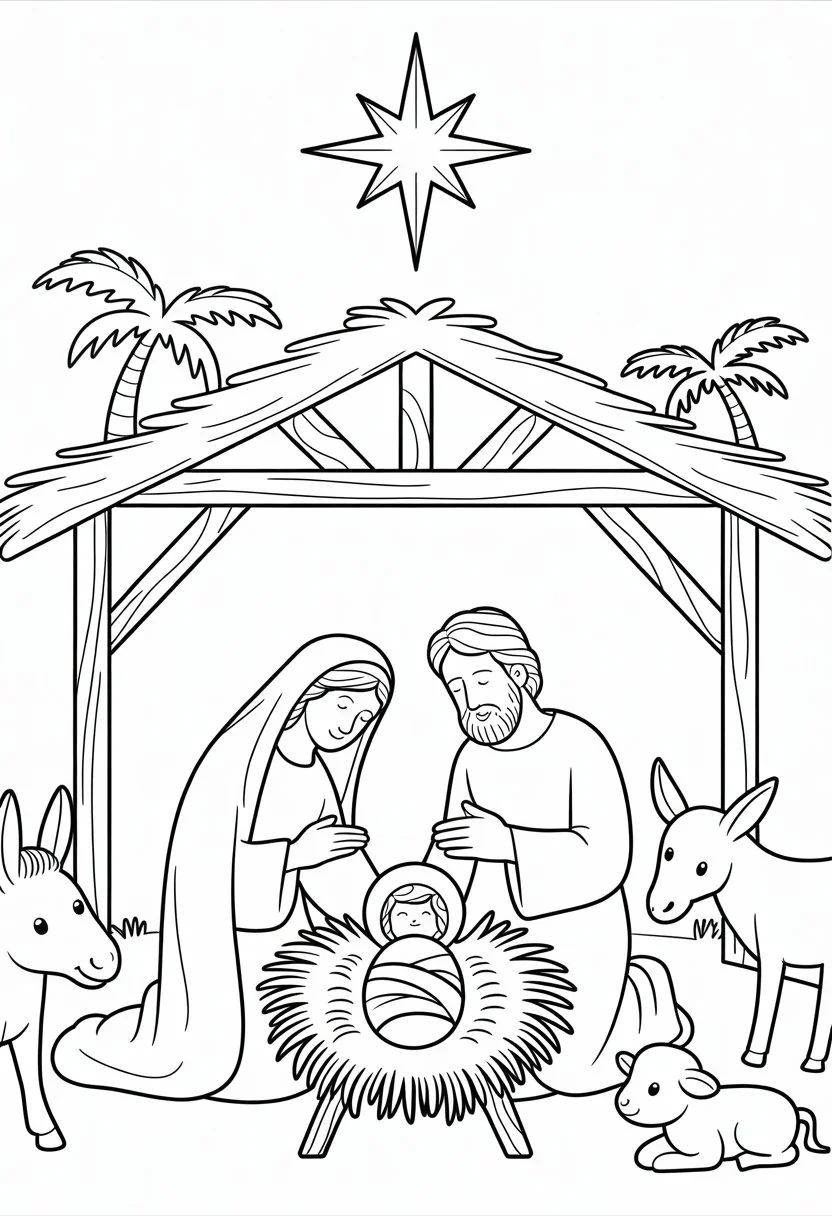 Merry Christmas Coloring Pages for Kids and Adults: 18 Fun Designs to Download 27 A nativity scene showing Mary, Joseph, and baby Jesus in a manger with a donkey and lamb nearby under a bright star.
