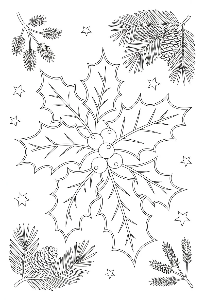 Merry Christmas Coloring Pages for Kids and Adults: 18 Fun Designs to Download 28 A detailed drawing of holly leaves and berries surrounded by pine cones, mistletoe, and stars arranged in a festive Christmas scene.