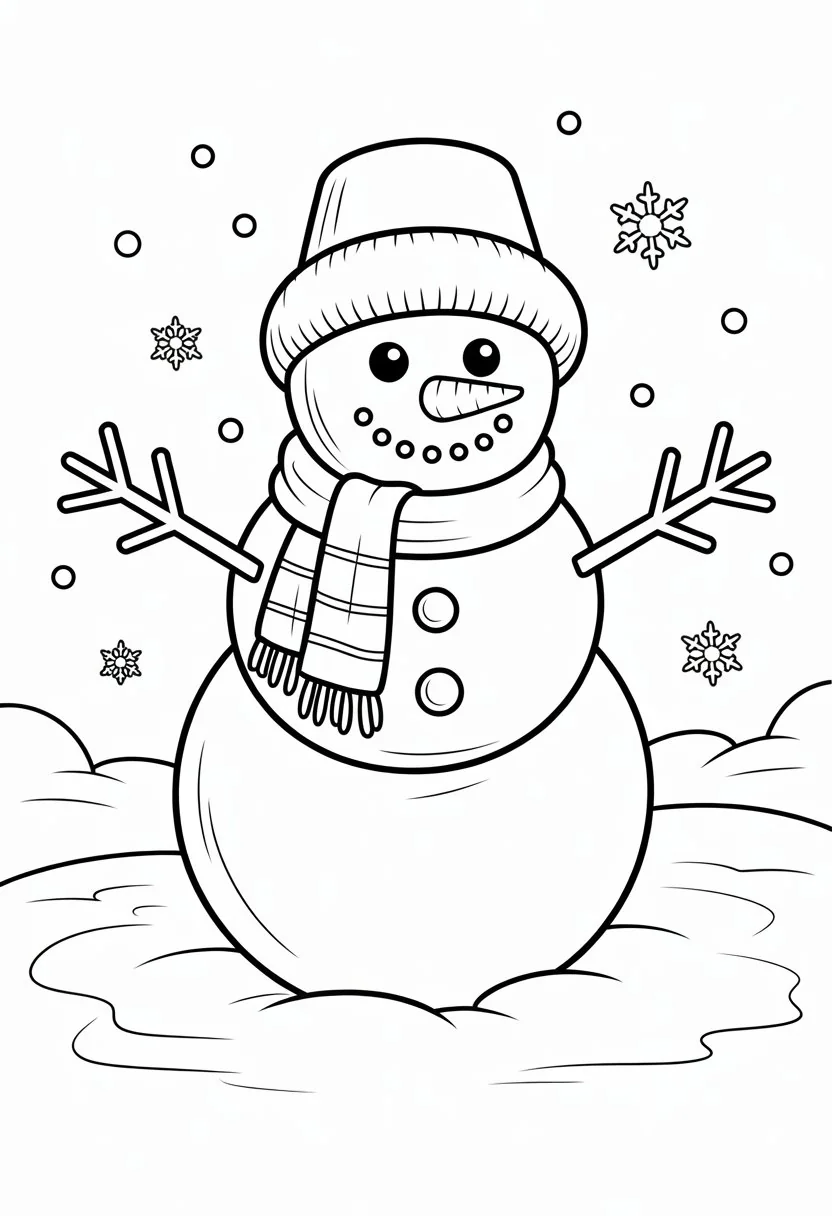 Merry Christmas Coloring Pages for Kids and Adults: 18 Fun Designs to Download 29 A snowman wearing a scarf and hat standing outdoors with snowflakes falling around.
