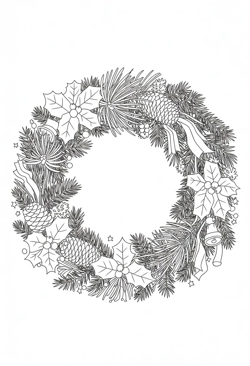 Merry Christmas Coloring Pages for Kids and Adults: 18 Fun Designs to Download 30 A circular Christmas wreath made of holly leaves, berries, pine branches, pinecones, ribbons, and small ornaments.