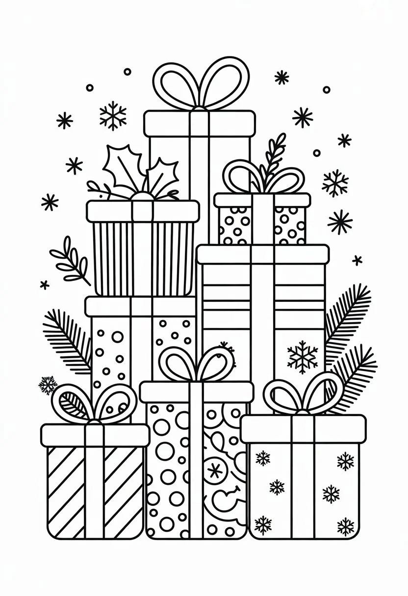 Merry Christmas Coloring Pages for Kids and Adults: 18 Fun Designs to Download 31 A stack of wrapped Christmas presents with bows, surrounded by holly leaves, pine branches, and snowflakes.