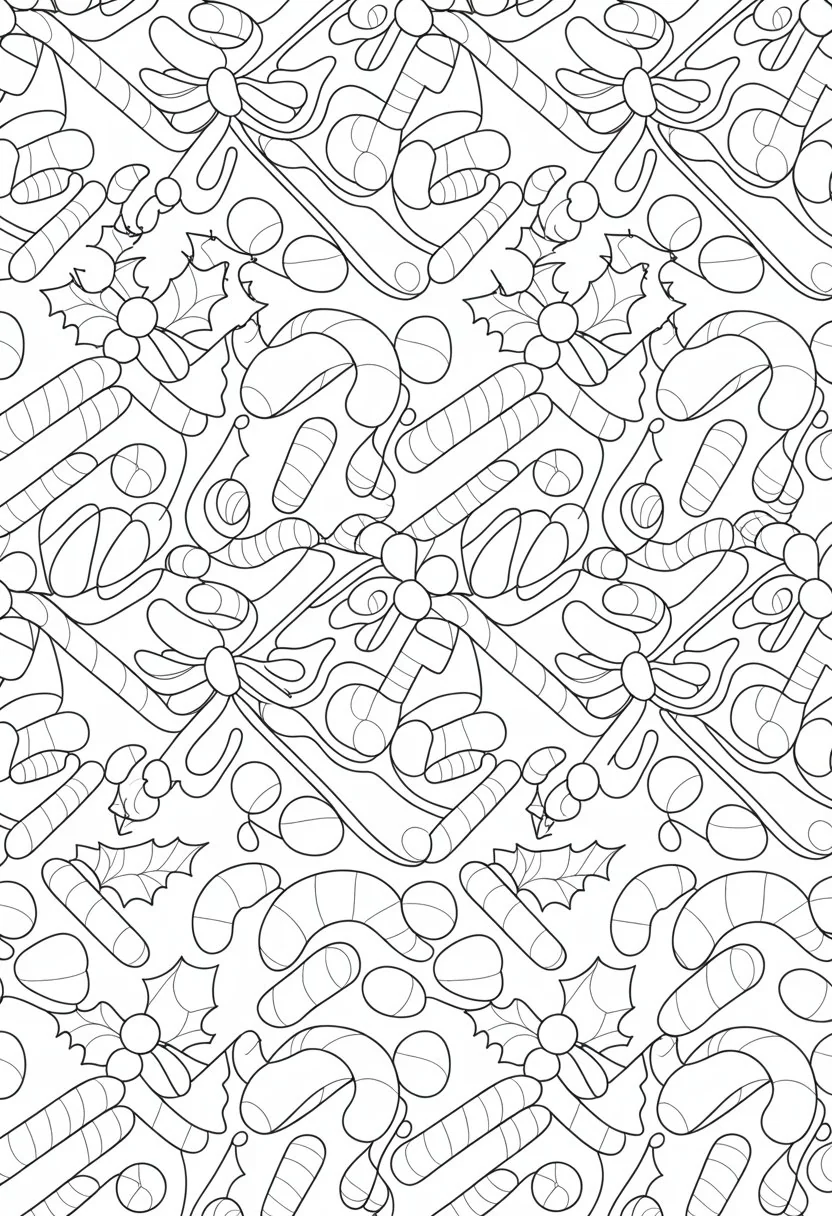 Merry Christmas Coloring Pages for Kids and Adults: 18 Fun Designs to Download 32 A pattern of candy canes with bows and holly leaves arranged in a repeating design.