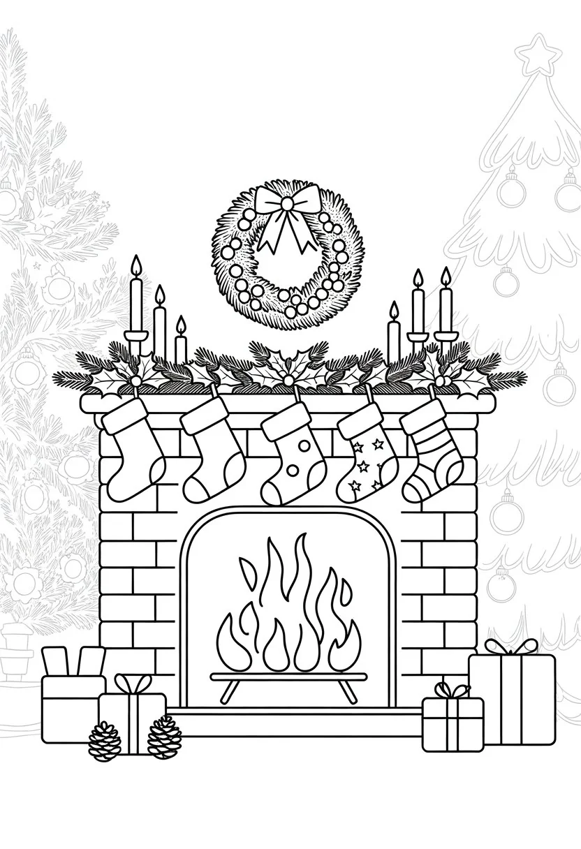 Merry Christmas Coloring Pages for Kids and Adults: 18 Fun Designs to Download 33 A cozy fireplace decorated for Christmas with stockings hanging from the mantle, a wreath above, presents nearby, and a Christmas tree in the background.