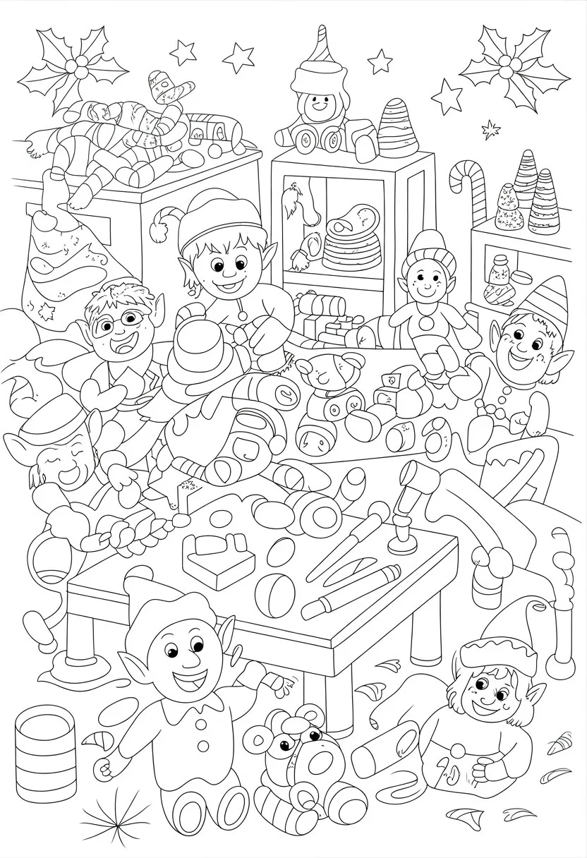 Merry Christmas Coloring Pages for Kids and Adults: 18 Fun Designs to Download 34 Elves working together in a workshop making toys surrounded by Christmas decorations.