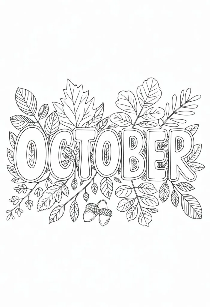 Printable October Coloring Pages For Adults Featuring 12 Unique Designs 18 Vintage style 'OCTOBER' with autumn foliage