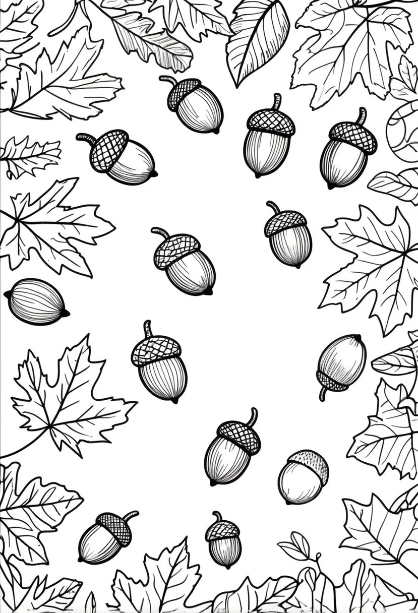 Fall Coloring Pages for Adults 19 Creative Designs to Inspire Relaxation 26 Scattered acorns among various fallen leaves on the ground.