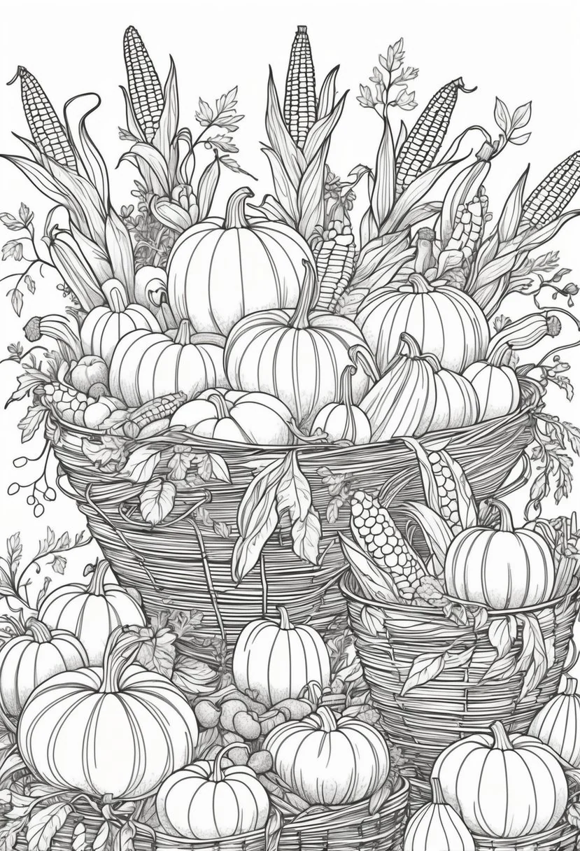 Fall Coloring Pages for Adults 19 Creative Designs to Inspire Relaxation 27 Several cornucopias overflowing with a variety of harvest vegetables including pumpkins, corn, carrots, and leafy greens.