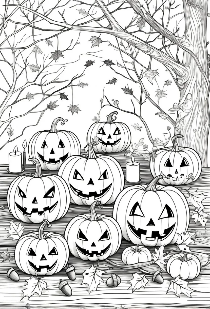 Fall Coloring Pages for Adults 19 Creative Designs to Inspire Relaxation 30 A scene with carved pumpkins on a wooden surface surrounded by autumn leaves, acorns, candles, and tree branches with bats and spider webs.