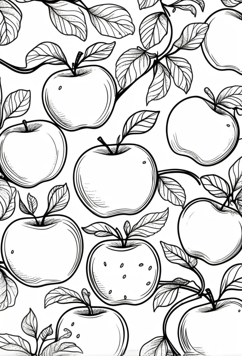 Fall Coloring Pages for Adults 19 Creative Designs to Inspire Relaxation 33 A collection of apples with leaves and vines arranged together.
