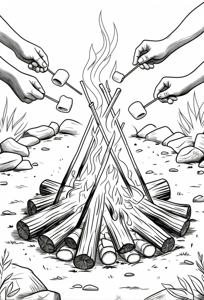 Fall Coloring Pages for Adults 19 Creative Designs to Inspire Relaxation 34 A campfire with logs and flames, surrounded by marshmallows on sticks being roasted.
