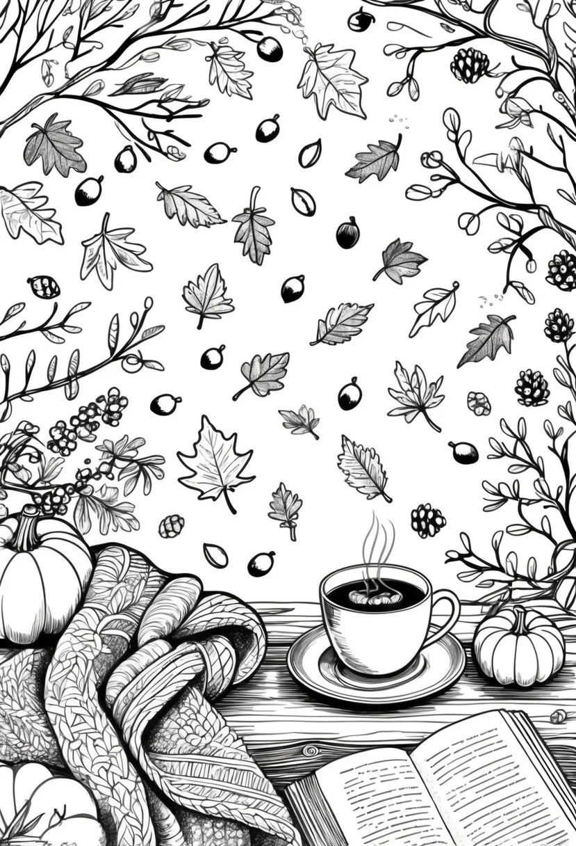 Fall Coloring Pages for Adults 19 Creative Designs to Inspire Relaxation 41 A fall scene with falling leaves, acorns, pumpkins, a steaming cup on a table, a scarf, an open book, branches with berries, and bare trees in the background.