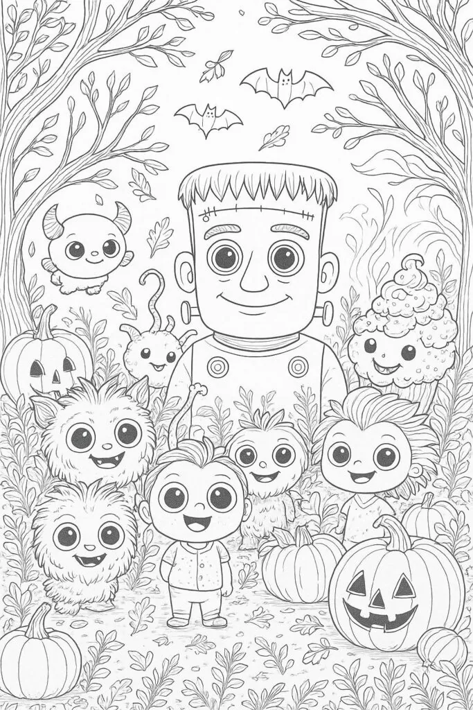 Halloween Coloring Pages for Kids Featuring 16 Cute and Friendly Characters and Scenes 22 v2 zmbor busj8