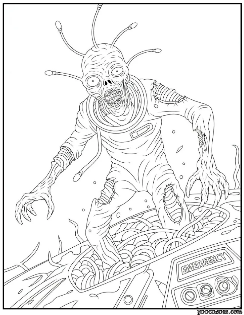Zombie Coloring Pages: Scary, Cute, and Creative Free Printables 18 zombie coloring pages Alien zombie with antennas 1 pdf