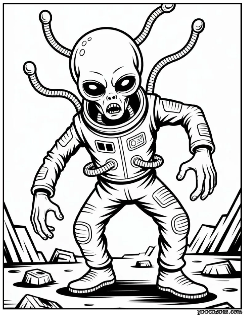 Zombie Coloring Pages: Scary, Cute, and Creative Free Printables 15 zombie coloring pages Alien zombie with antennas pdf
