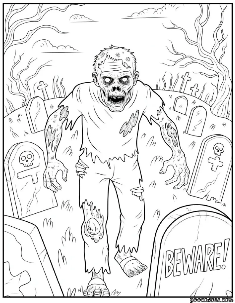 Zombie Coloring Pages: Scary, Cute, and Creative Free Printables 8 zombie coloring pages Creepy zombie with rotting face.png pdf
