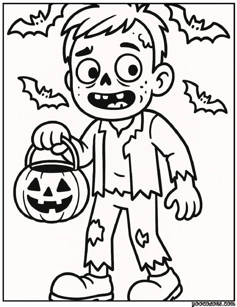 Zombie Coloring Pages: Scary, Cute, and Creative Free Printables 16 zombie coloring pages Halloween zombie holding pumpkin pdf