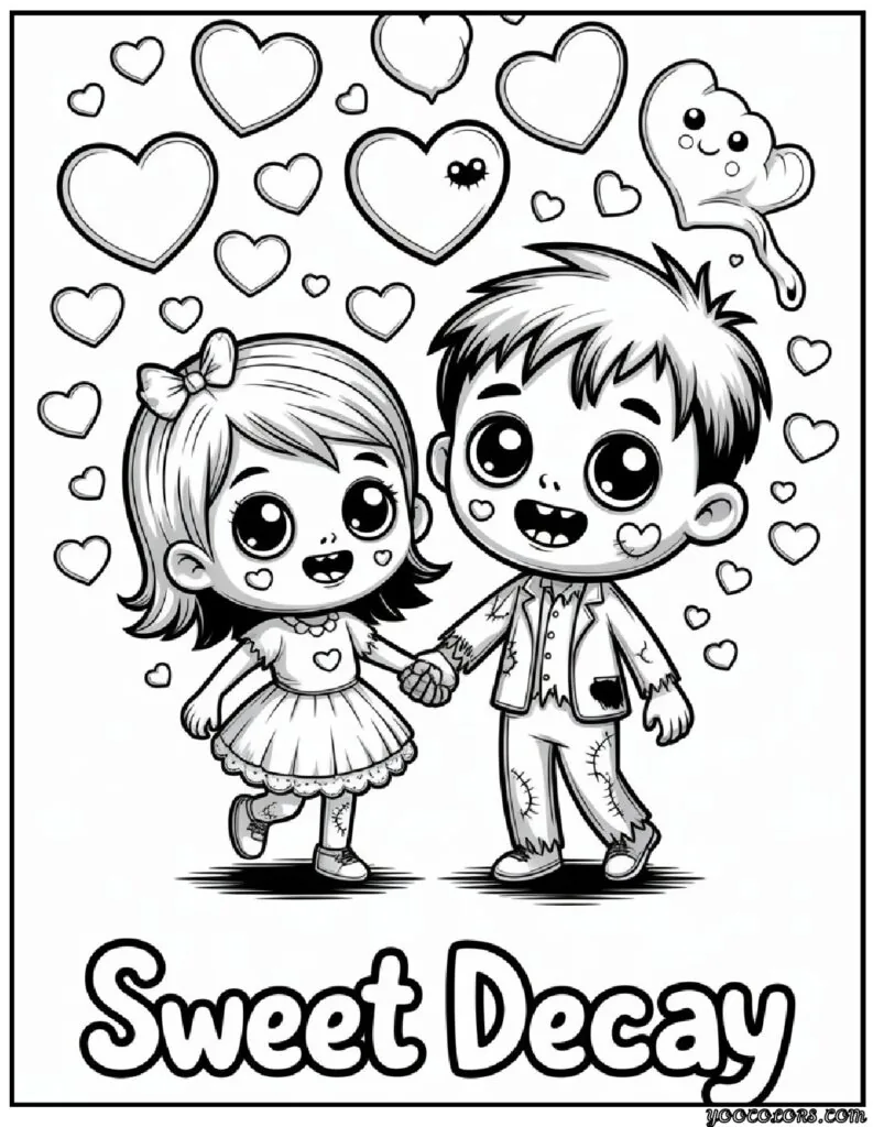 Zombie Coloring Pages: Scary, Cute, and Creative Free Printables 11 zombie coloring pages Kawaii zombie couple pdf