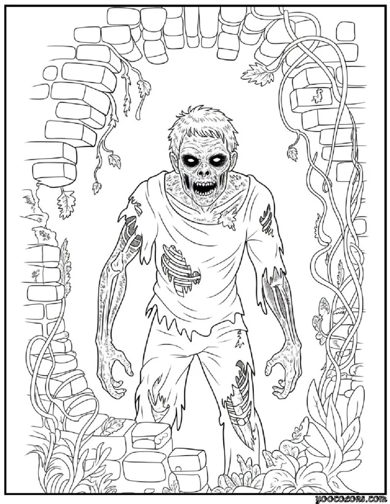 Zombie Coloring Pages: Scary, Cute, and Creative Free Printables 4 zombie coloring pages a zombie with torn clothes and skeletal arms.png pdf
