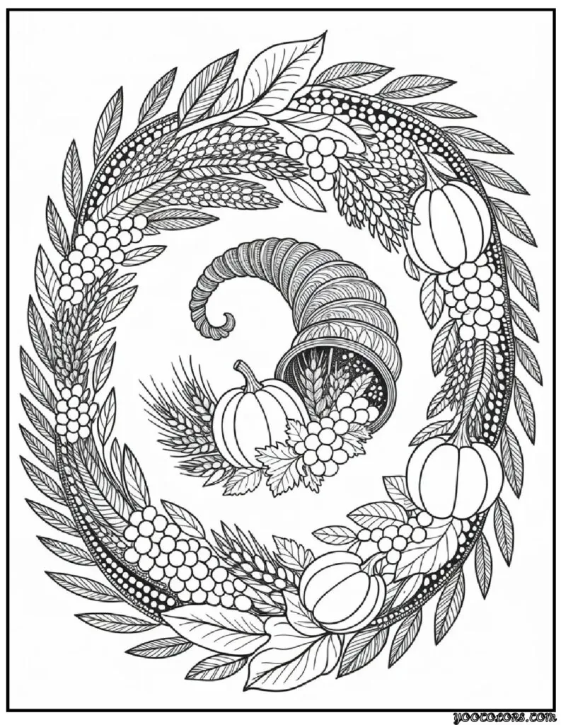 Thanksgiving Coloring Pages for Adults – Mindful, Modern & Perfect for Cozy Fall Nights 6 Cornucopia Spiral mandala formed.webp pdf