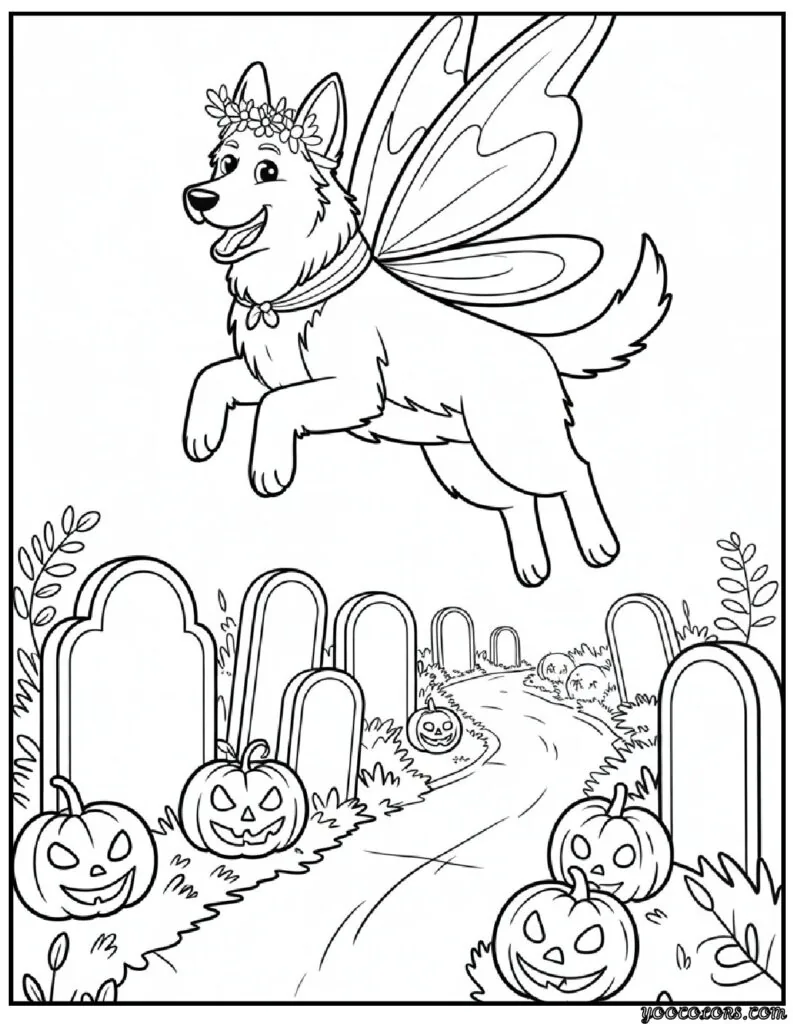 Halloween Dog Coloring Pages: Spooky-Cute Fun for Kids & Adults 4 Halloween Dog Coloring Pages Fairy Shepherd Dog in an Enchanted Graveyard.png pdf