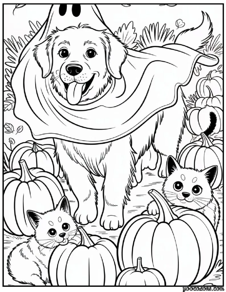 Halloween Dog Coloring Pages: Spooky-Cute Fun for Kids & Adults 13 Halloween Dog Coloring Pages Ghost Golden Retriever in a Pumpkin Patch.png 1 pdf