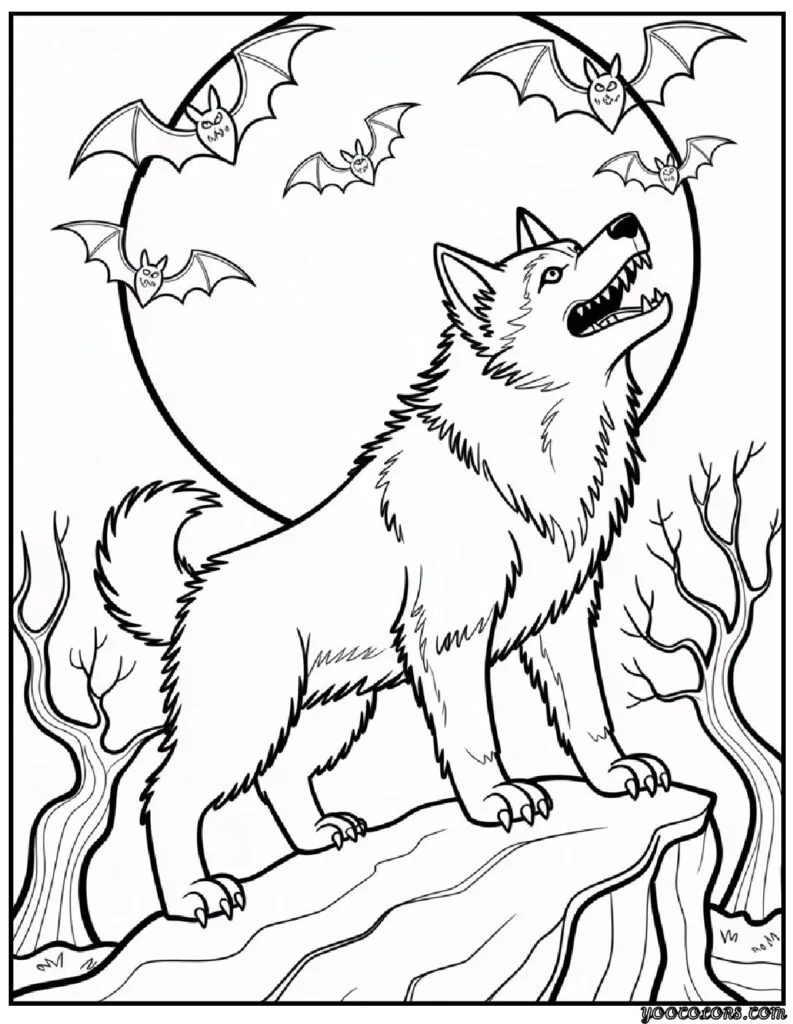 Halloween Dog Coloring Pages: Spooky-Cute Fun for Kids & Adults 9 Halloween Dog Coloring Pages Werewolf Husky Howling on a Hilltop.png pdf