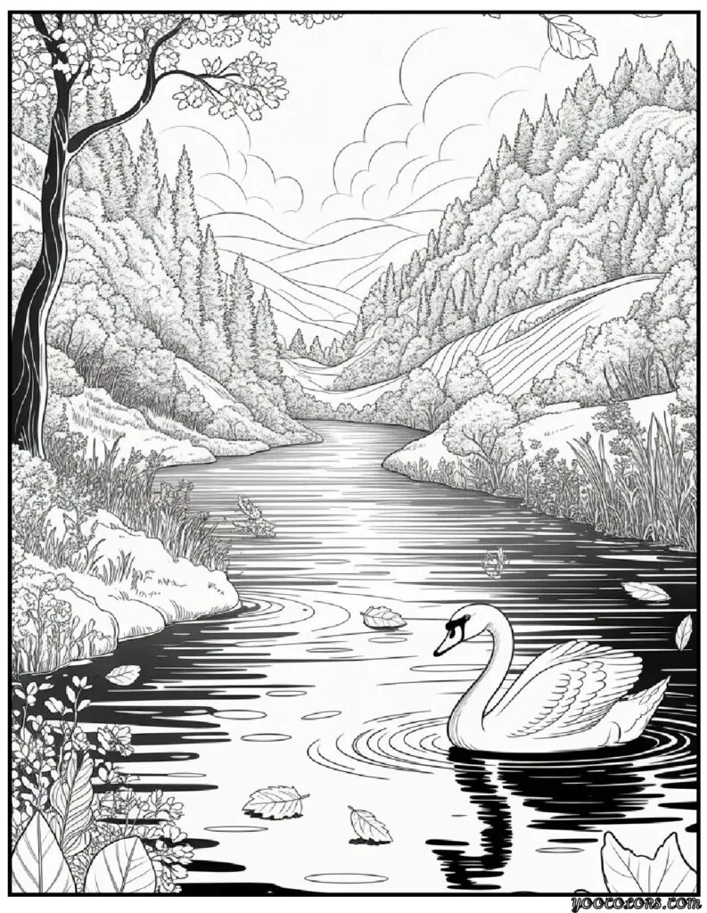 Autumn Fall Coloring Pages – Cozy, Printable & Fun for All Ages 12 Peaceful River in Autumn Hills.webp autumn fall coloring pages pdf