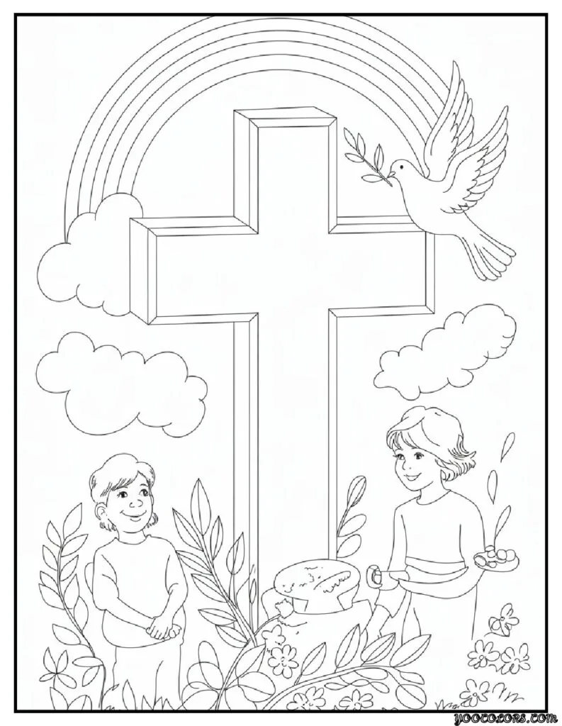 Sunday School Free Printable Bible Coloring Pages PDF 8 Sunday School Free Printable Bible Coloring Pages PDF Cross with Rainbow Dove.png pdf