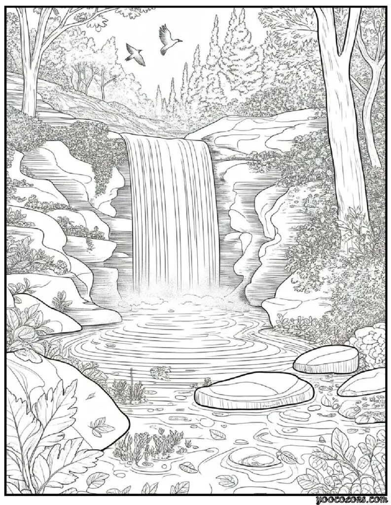 Autumn Fall Coloring Pages – Cozy, Printable & Fun for All Ages 5 autumn fall coloring pages Autumn Forest Waterfall Retreat.webp pdf