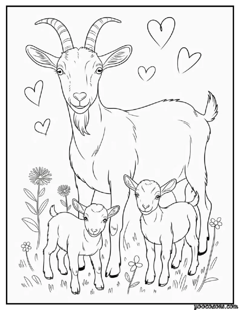 Goat Coloring Pages: Fun, Relaxing & Educational 18 goat coloring pages goat family mom goat with two baby kids.webp pdf